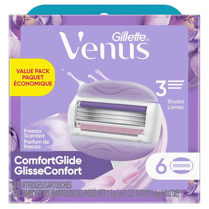 Gillette Venus ComfortGlide Freesia Women's Razor Refills, 6 Refill Cartridges, Fits Venus Reusable Razor Handles, 3-Bladed with Built-in Shave Gel Bars