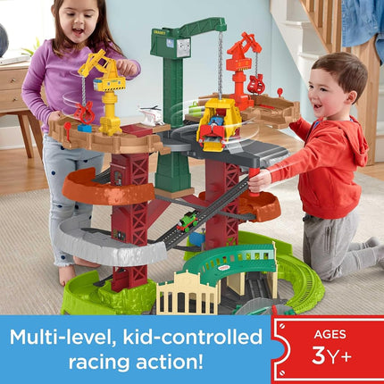 Thomas & Friends Multi-Level Track Set Trains & Cranes Super Tower with Thomas & Percy Engines plus Harold for Preschool Kids Ages 3+ Years, GXH09