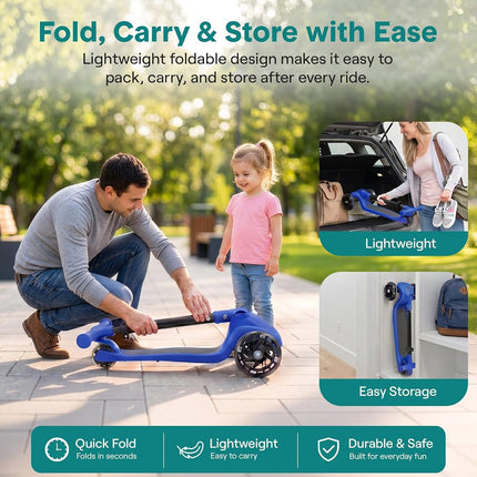 SereneLife Kids Scooter for Ages 3–7 – 3 Wheel Kick Scooter with Seat Option, Light-Up LED Wheels, Lean-to-Steer, Foldable, Adjustable Height, 50 kg Capacity, Blue