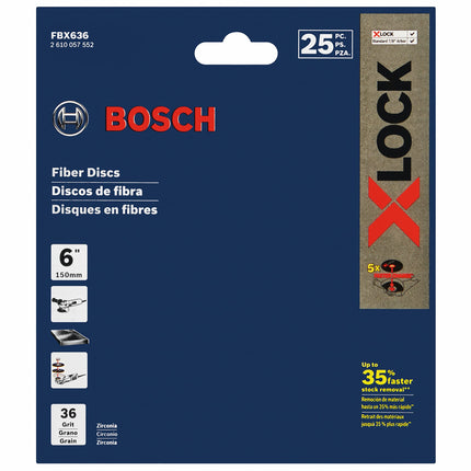 BOSCH FBX636 Paquete de 25 discos de fibra abrasivos X-LOCK de 6 pulgadas de grano grueso, grano 36, compatibles con eje de 7/8 pulgadas para aplicaciones de acabado de superficies metálicas, mezcla de soldadura y eliminación de óxido