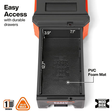 Klein Tools 54843MB MODbox Compact Single Drawer Box, Half Width, Tool Storage Drawer with Ball Bearing Slides, Dividers Included, PVC Foam Mat