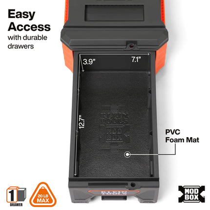 Klein Tools 54843MB MODbox Compact Single Drawer Box, Half Width, Tool Storage Drawer with Ball Bearing Slides, Dividers Included, PVC Foam Mat