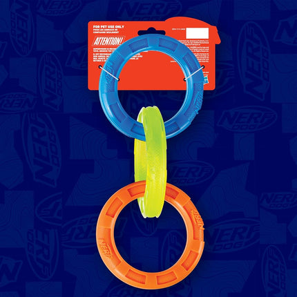 Nerf Dog Jouet à tirer 3 anneaux en TPR de 29 cm – Bleu, Vert et Orange