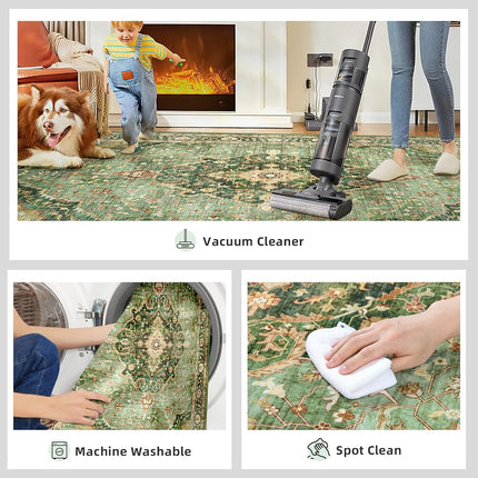 Green Area Rug 3x5 Washable Rug Non-Slip Area Rugs for Bedroom Living Room Kitchen, Printed Low-Pile Ultra-Soft Cute Dorm Rug Room Decor for Teen Girls(Border Green)