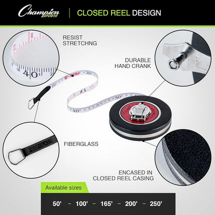 Champion Sports 50 ft/15 m Dual-Sided Measuring Tape Reel with Feet and Meters - Sturdy, Durable, Easy to Use for Track and Field, Landscaping
