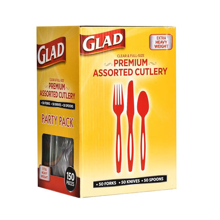 Glad Premium Assorted Plastic Cutlery | Clear Extra Heavy Duty Forks, Knives, and Spoons | 150 Piece Set of Disposable Party Utensils, and Sturdy Cutlery