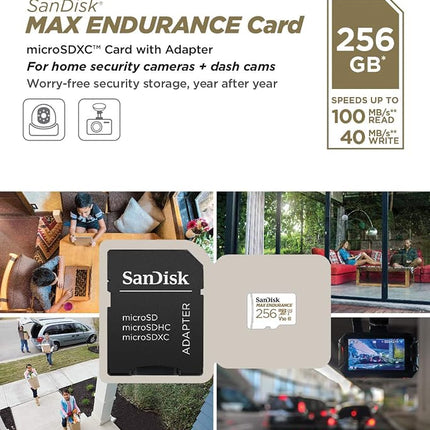 SanDisk 256GB MAX ENDURANCE, microSDXC card, for Dashcams & Home Monitoring + SD adapter up to 120,000 Hours Full HD / 4K videos, up to 100 MB/s, UHS-I, Class 10, U3, V30
