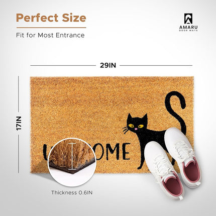 Black Cat- 17"x29" - Coir Door Mat with Heavy Duty Backing - Welcome Mats for Entryway, Porch - Anti-Slip PVC & Coconut Fiber Surface - Natural Home Accessories, Minimalist Original Design