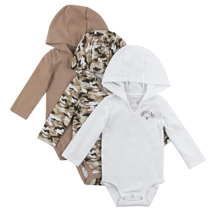 Paquete de 3 mamelucos de manga larga para bebé Hanes, con capucha, para niños y niñas, color tostado/marrón, de 18 a 24 meses