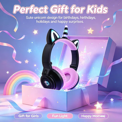 Unicorn Kids Headphones,Unicorn Bluetooth Headphones Foldable for Girls Boys Toddlers Phones pad/Amazon fire/Tablet,Light Up Kids Wireless Headphone Birthday Gifts (Black)