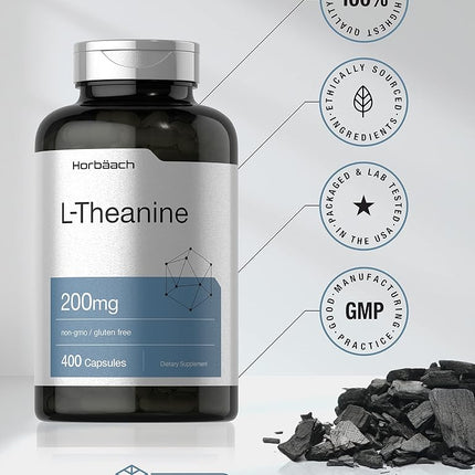 L Theanine 200mg | 400 Capsules | Value Size | Non-GMO, Gluten Free Supplement | by Horbaach