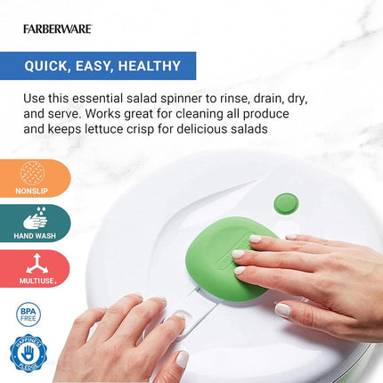 Farberware Easy to use pro Pump Spinner with Bowl, Colander and Built in draining System for Fresh, Crisp, Clean Salad and Produce, 6.6 Quart, Green
