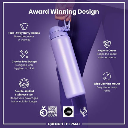 Ion8 Vacuum Insulated Stainless Steel 1 Litre Water Bottle, 920ml, Leak Proof, One-Finger Open, Secure Lock, Carry Handle, Dishwasher Safe, Scratch Resistant, Ideal for Sports and Yoga, Light Purple