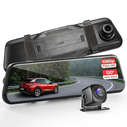 Pyle Dual Dash Cam Rearview Mirror, 1080p Full HD Front and Rear Car Camera with Night Vision, G-Sensor, Loop Recording, 9.66” Touchscreen, Backup Cam, Motion Detection, Wide-Angle Lens, 12" x 2" x 3"