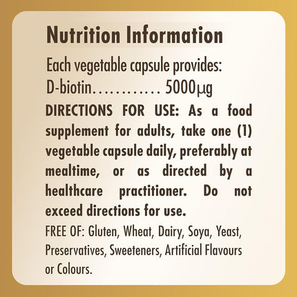 Solgar Biotin 5000 μg - 100 Veg Capsules - Pack of 1