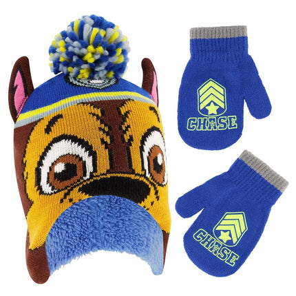 Conjunto de gorro y mitones de invierno Nickelodeon para niños, gorro para niños pequeños de La Patrulla Canina Chase Marshall para edades de 2 a 4 años, azul con forro polar, 2-4T