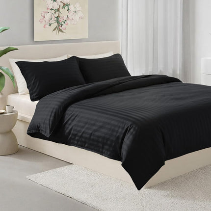 Elegant Comfort Best, Softest, Coziest 3-Piece Duvet Cover Sets! - 1500 Premier Hotel Quality Luxurious Wrinkle Resistant 3-Piece Damask Stripe Duvet Cover Set, Full/Queen, Black