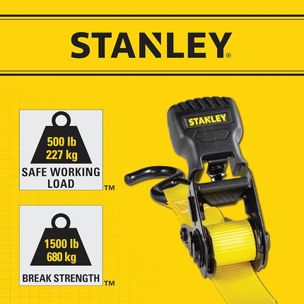 Stanley S10002 Black/Yellow 1" x 10' Ratchet Tie Down Straps - Light Cargo Hauling (1,500 lbs Break Strength), 2 Pack