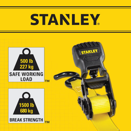 Stanley S10002 Black/Yellow 1" x 10' Ratchet Tie Down Straps - Light Cargo Hauling (1,500 lbs Break Strength), 2 Pack