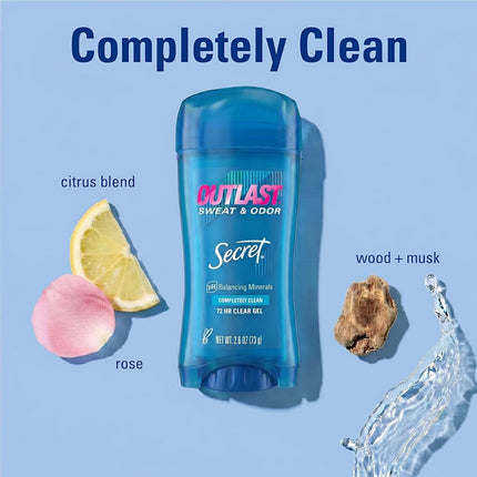 Desodorante y Antitranspirante en Gel Transparente Secret Outlast, Completamente Limpio - 2.6 oz cada uno, Paquete de 2