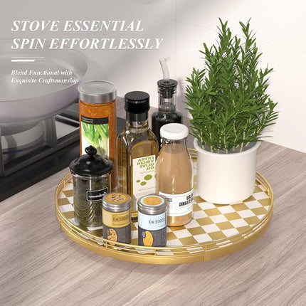 Premium Rubber Wood Lazy Susan Turntable, Glod White Checkerboard Decorative Serving Tray, Hand-Welded Metal Railing, Stable Rotating Organizer for Dining Table, Kitchen Counter, Coffee Table Decor