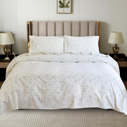 Elegant Comfort Ultra Soft 4-Piece 100% Turkish Cotton Flannel Sheet Set - Holiday Christmas Flannel Sheets, Warm and Cozy Premium Quality, Deep Pocket Fitted Sheet- Queen, Snowflake Ivory