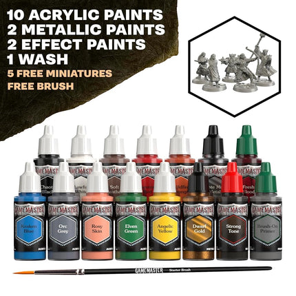 The Army Painter, GameMaster: Adventure Starter Role-Playing Paint Set, 15 x 18ml Warpaints Fanatic Acrylic Paints, incl. a Brush-On Primer, 5 Free Miniatures & 1 Brush - for Warhammer & DND