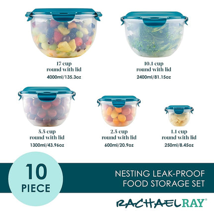 Rachael Ray Leak-Proof Nestable Container Food Storage Bin Set, 10-Piece Round, Teal Lid
