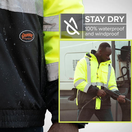 Pioneer Hi Vis 5-in-1 Waterproof Safety Jacket for Men - Convertible to Vest & Black Fleece - Rated to -8°F - ANSI Class 3