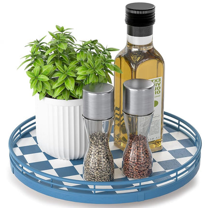 Blue and White Checkerboard Lazy Susan with Rubber