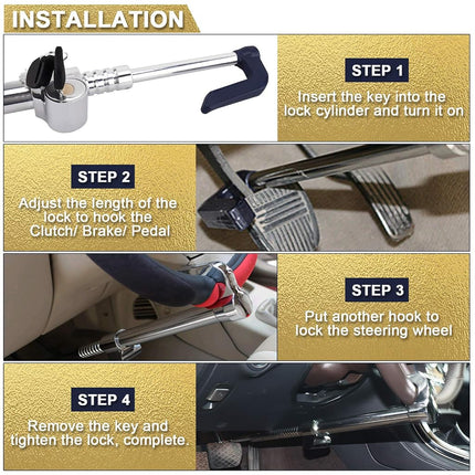 Tevlaphee Universal Steering Wheel Brake Lock Anti-Theft Retractable Double Hook Extended Car Lock Clutch Pedal Lock for Car Truck SUV Van Security with 3 Keys Silver