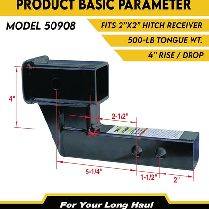 MaxxHaul 50908 Trailer Hitch Riser for 2 Inch Receiver with 4 Inch Rise & Drop with Solid Shaft, with 2 Pack Hitch Pins