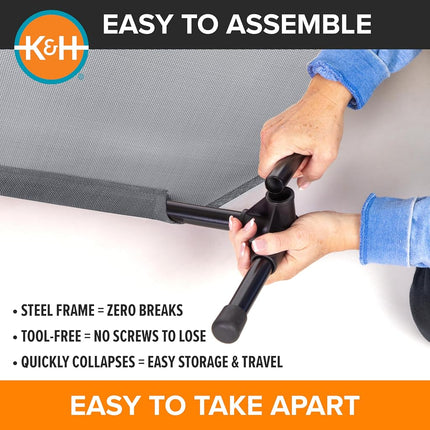 K&H Pet Products Elevated Outdoor Dog Cot Bed, Raised Cooling Bed with Washable Breathable Mesh for Large Dogs, Portable Raised Platform Pet Bed, Heavy Duty Metal Frame Hammock Bed, Large, Gray