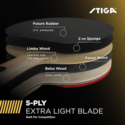 STIGA Alpha Ping Pong Paddle – 5-ply Extra Light Blade – 2mm Premium Sponge – Flared Handle for Masterful Grip – Performance Table Tennis Racket for Competitive Play
