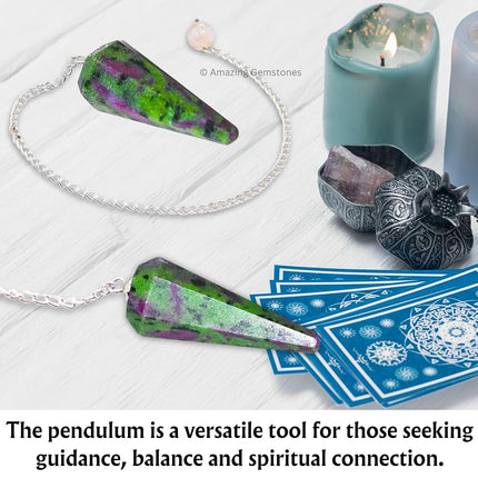 Ruby Zoisite Crystal Pendulum for Divination - Dowsing Pendulum with Chain and Crystal Ball for Reiki Healing and Crystal Grid Meditation