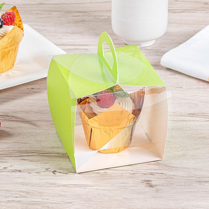 Restaurantware-4 Inch x 4.25 Inch Cupcake Boxes, 100 Disposable Cupcake Display Boxes - with Handle, Geometric Line Accent, Clear Plastic Single Cupcake Containers, for Weddings Or Birthdays