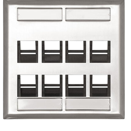 Leviton 43081-2L8 8-Port Angled Stainless Steel QuickPort Dual Gang Wallplate with ID Windows