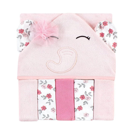 Hudson Baby Unisex Baby Hooded Towel and Five Washcloths, Floral Pretty Elephant, One Size