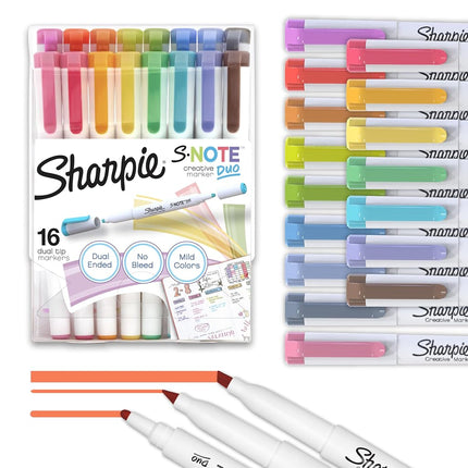 Sharpie S-Note Duo Dual-Ended Creative Markers, Part Highlighter, Part Art Marker, Assorted Colours, Fine and Chisel Tips, Includes Stand-up Easel, 16 Count