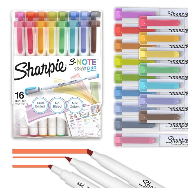 Sharpie S-Note Duo Dual-Ended Creative Markers, Part Highlighter, Part Art Marker, Assorted Colours, Fine and Chisel Tips, Includes Stand-up Easel, 16 Count