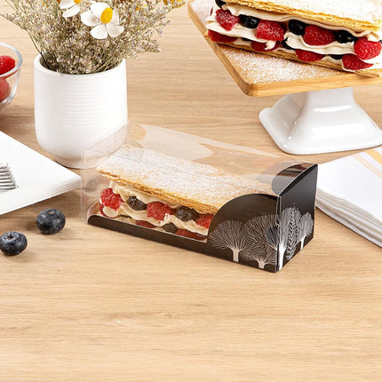 Restaurantware-7 Inch x 2.5 Inch Clear Dessert Boxes, 100 Black Paper Sleeve Transparent Candy Boxes - Tree Accent, No Grease Lining, Clear Plastic Clear Favor Boxes, Crack Resistant, Disposable