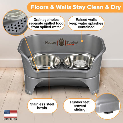 Neater Feeder - Express Model w/Slow Feed Bowl - Mess-Proof Dog Bowls (M/L, Grey) Made in USA � Elevated, No Spill, Non-Tip, Non-Slip, Raised Stainless Steel Food/Water Pet Bowls Aid Digestion