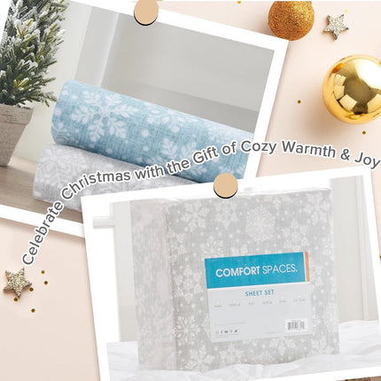 Comfort Spaces Cotton Flannel Breathable Warm Deep Pocket Sheets with Pillow Case Bedding, Cal King, Grey Snowflakes 4 Piece