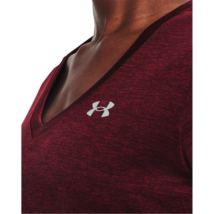 Under Armour Camiseta de manga corta con cuello en V y tecnología Tech Twist para mujer, color borgoña oscuro, talla XS