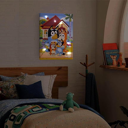 Idea Nuova Bluey LED Wall Art for Kids,11.5 x 15.75 Inch Light-Up Canvas Décor with Hanging Hooks, Battery Operated Night Light for Toddlers & Children’s Bedrooms or Playrooms