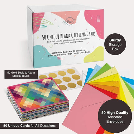 Dessie Different Blank Greeting Cards With Colored Envelopes and Gold Seals, 4x6 Inch, 50 Blank Cards