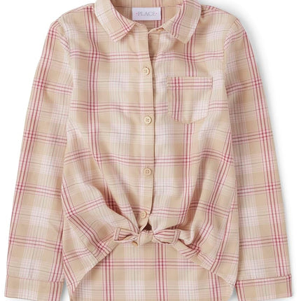 The Children's Place Girls' Long Sleeve Plaid Twill Tie Front Button Down Shirt, Latte Plaid, X-Large