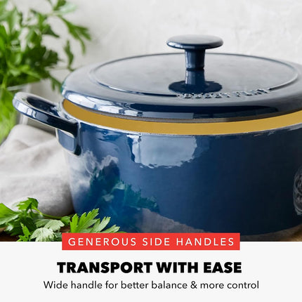 GreenPan by Bobby Flay 5.5QT Enameled Cast Iron Round Dutch Oven with Lid, Dual Handles, Oven Safe to 500F & Induction Suitable, Self Basting Lid, Ultra-Durable, Sear, Braising, Bread, Stews, Cobalt