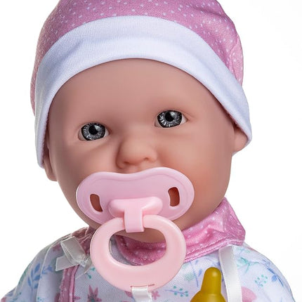 JC Toys - La Baby Doll 40 cm Has Soft and Washable Body, Magic Bottle and Pacifier, Pink, Floral, Designed in Spain, 12 Months