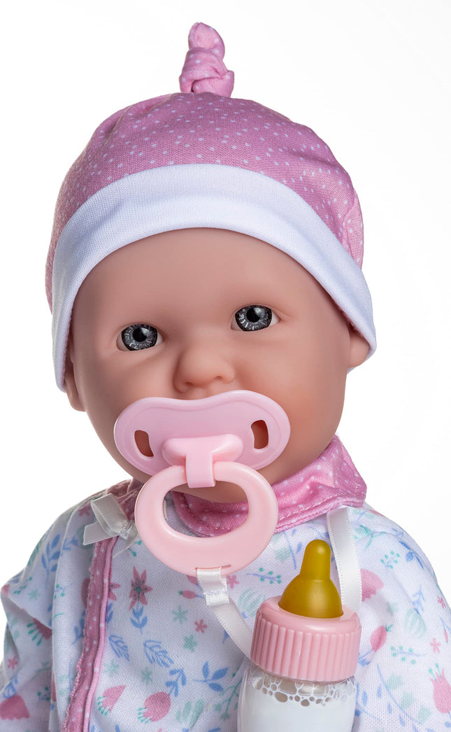 JC Toys - La Baby Doll 40 cm Has Soft and Washable Body, Magic Bottle and Pacifier, Pink, Floral, Designed in Spain, 12 Months